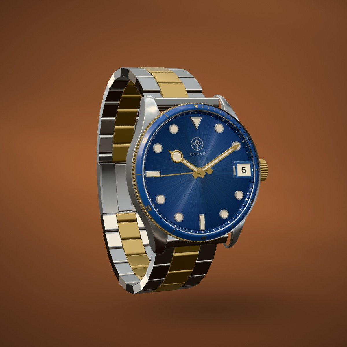 A Grove watch as Ocean and gold, as on Bluegum.